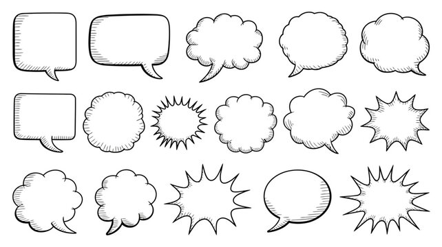 hand drawn speech bubble set with various shapes and styles on a white background