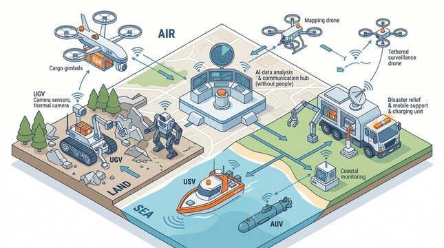 Conceptual illustration of advanced autonomous systems and integrated robotics for diverse operational environments, demonstrating future technology and remote command capabilities