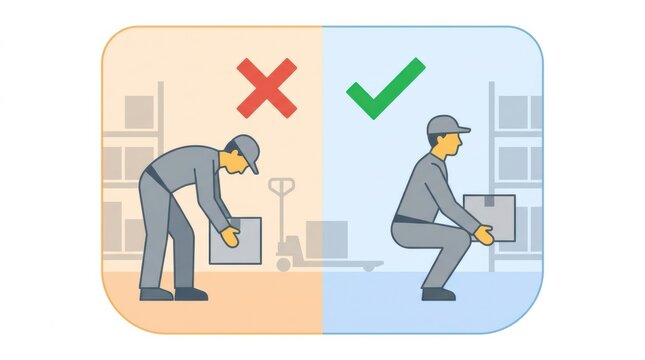 A visual guide shows correct and incorrect lifting techniques for safe handling of boxes in a warehouse setting.
