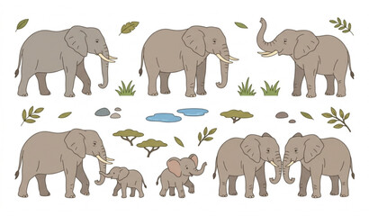 Hand-drawn elephant vector illustration set on white background with multiple poses, wildlife elements, safari scenes, and nature design collection © MD