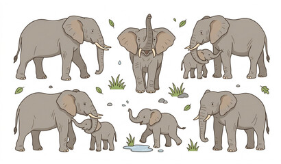 Hand-drawn elephant vector illustration set on white background with multiple poses, wildlife elements, safari scenes, and nature design collection © MD