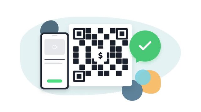 Mobile payment animation with QR code and smartphone illustration