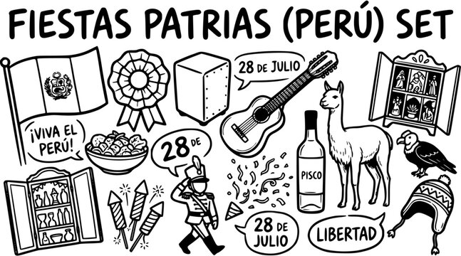 Fiestas Patrias Peru Set: Line Art Icons of Peruvian Culture, Food, Music, and Symbols