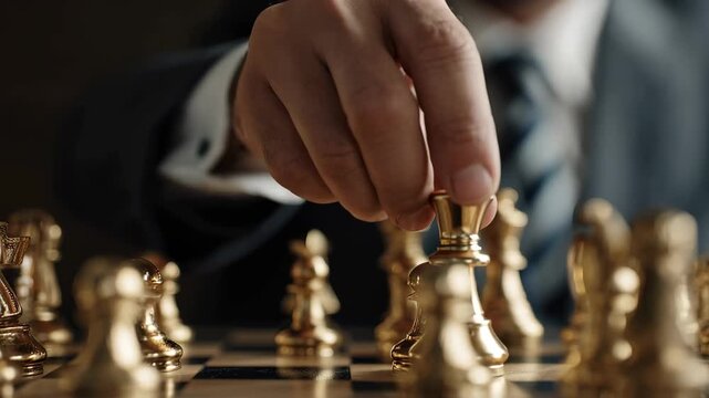 Man's hand moves golden chess piece with strategic precision on dark wood board during intense business strategy meeting