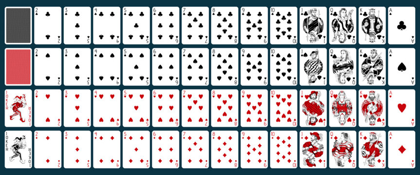 Complete playing cards deck with 54 cards, all suits and back design in black and red engraving style. Vintage retro vector illustration, classic casino style for print and game