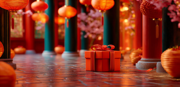 Corridor Hung with Red Lanterns Gift Boxes