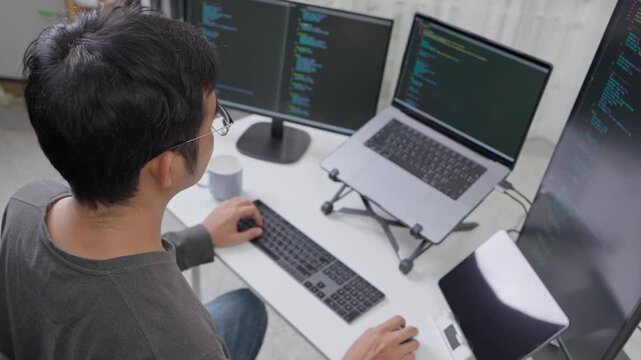 Programming session home office digital work modern environment overhead view coding productivity