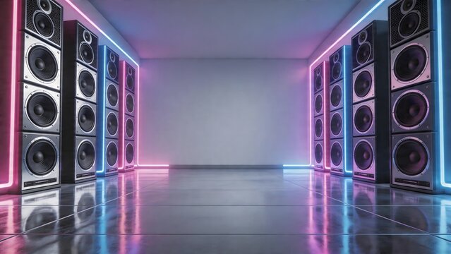 Room with neon lights and speaker stacks