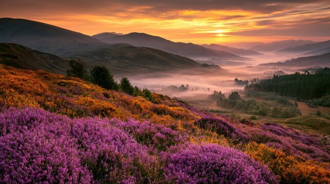 Stunning Scottish highlands sunset over misty valley with purple heather and orange gorse
