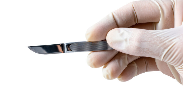 Hand in glove holding scalpel with sharp blade