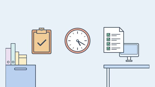 Minimalistic workspace animation with clock and checklist illustration
