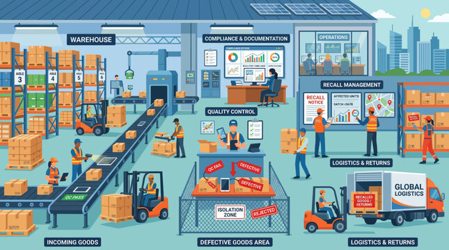 Warehouse team managing product recall and quality control in a warehouse, flat vector illustration.