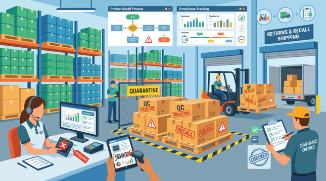 Logistics staff managing product recall in a warehouse, detailed flat vector illustration.
