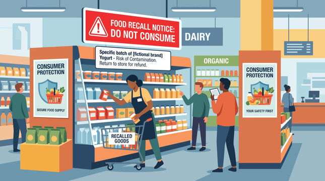 Supermarket Staff Removing Dairy Products for Food Recall Notice in Grocery Store Vector Illustration