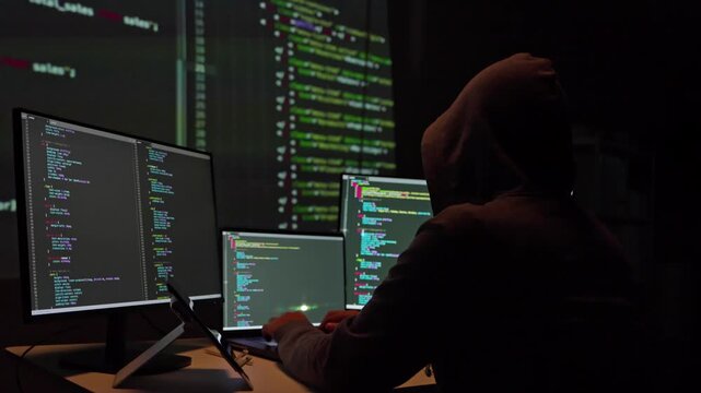 Cybersecurity expert analyzing code modern office digital art dark environment close-up technology trends