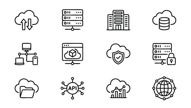 Set of 12 Cloud Computing and Server Line Icons Featuring Data Storage, Network Security, API, Global Connectivity, and Database Management in a Minimalist Vector Style with Uniform Stroke Width.