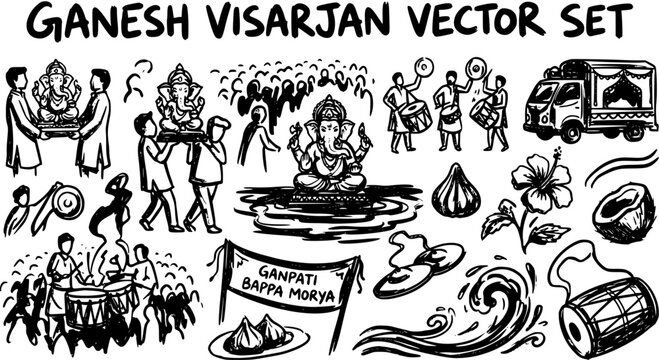 Black and White Line Art Vector Set of Ganesh Visarjan Festival Elements