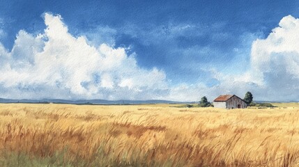 Fototapeta premium Golden wheat field under a dramatic sky with a solitary barn and distant hills