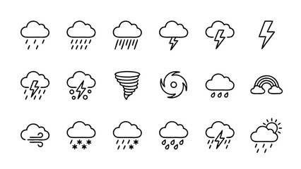 Obraz premium Vector Set of Rainy and Storm Clouds Line Icons in Minimalistic Style. Unique Weather Symbols including Rain, Lightning, Tornado, Hurricane, Rainbow, Wind, Snow, and Sleet on White Background.