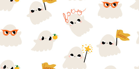 Fototapeta premium Cute Halloween ghosts seamless pattern on white background Funny hand drawn spooky characters background for kids fabric wrapping paper wallpaper