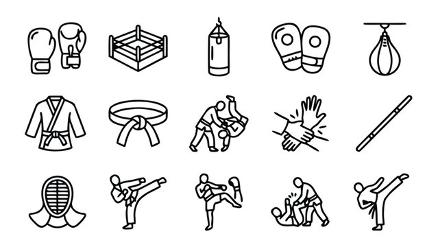 Comprehensive Set of Martial Arts and Boxing Line Icons Featuring Equipment and Combat Techniques Like Karate, Judo, MMA, Kickboxing, and Jiu-Jitsu Training Gear, Minimalist Vector Illustration.