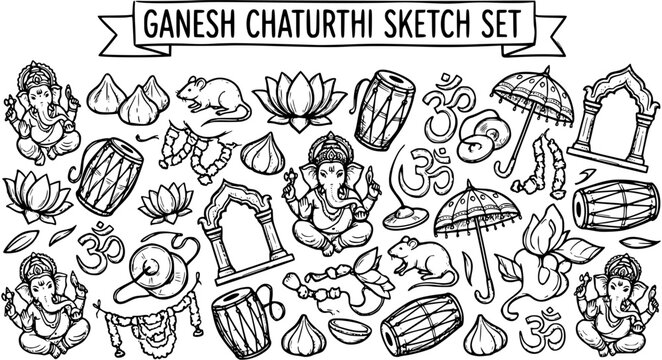 Ganesha Chaturthi Sketch Set: Lord Ganesha, Modaks, Lotuses, Drums, Om Symbol  Mouse, Black and White Line Art