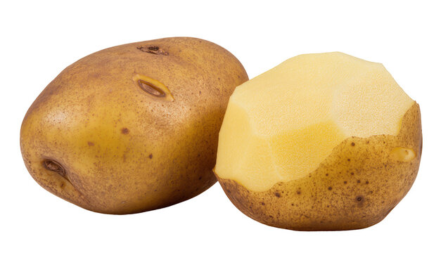 Two potatoes one whole and one partially peeled, showing yellow flesh