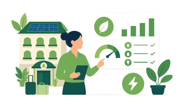 Female presenter analyzing sustainability data and energy visuals.