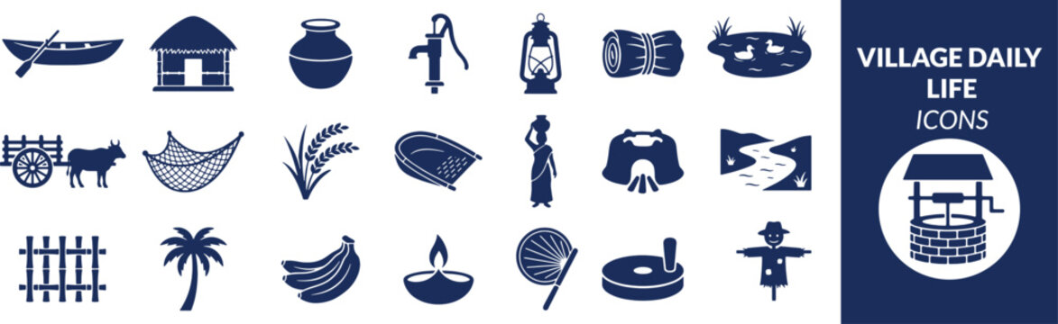 Village Daily Life Icons Set Rural Boat Hut Pot Water Pump Lantern Bullock Cart Rice Banana Palm Tree Scarecrow Traditional Culture