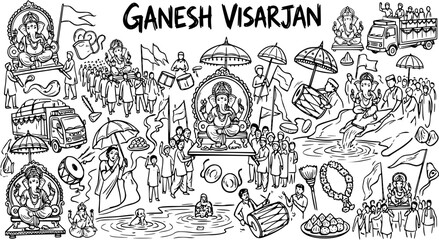Naklejka premium Ganesh Visarjan Indian Hindu Festival Black and White Line Art Doodle. Lord Ganesha Immersion Procession and Religious Celebration Culture Sketch.