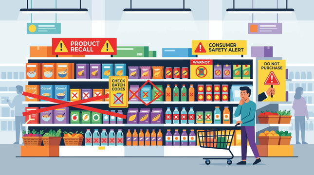 Supermarket shelves with product recall warning signs and a concerned shopper in a flat vector illustration.