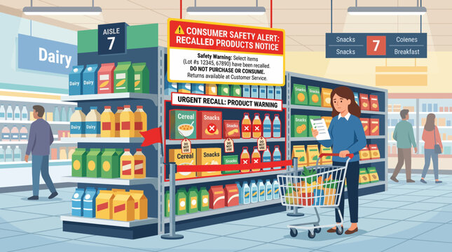 Concerned Female Customer Reading Product Recall Notice in Grocery Store Aisle, Flat Vector Illustration.
