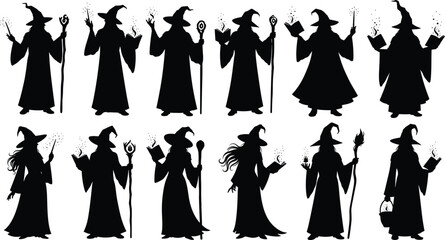 Wizard silhouette collection, fantasy magic figures, spellcasting artwork vector, mystical character design, sorcerer illustration set, enchanted robe and staff composition © Fenshi