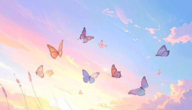 Butterflies flying in pastel sky