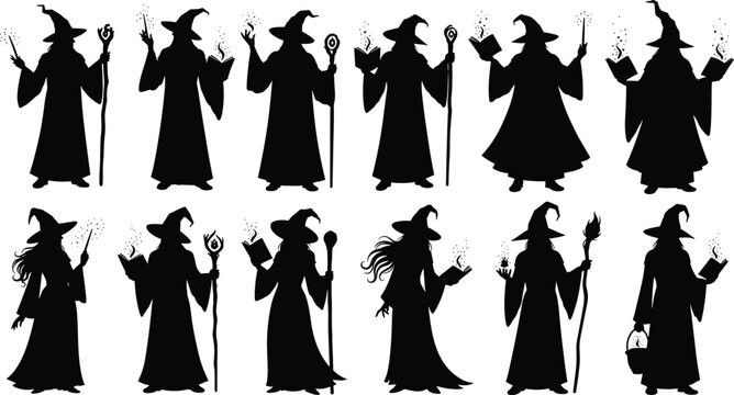 Wizard silhouette collection, fantasy magic figures, spellcasting artwork vector, mystical character design, sorcerer illustration set, enchanted robe and staff composition