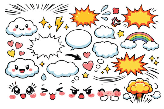 Comic Effect and Kawaii Emotion Elements Set with Hand Drawn Doodle Icons, Dynamic Manga Speed Lines, Speech Bubbles, Explosion Bursts, Cute Cloud Faces, Hearts, Stars, Rainbow and Lightning