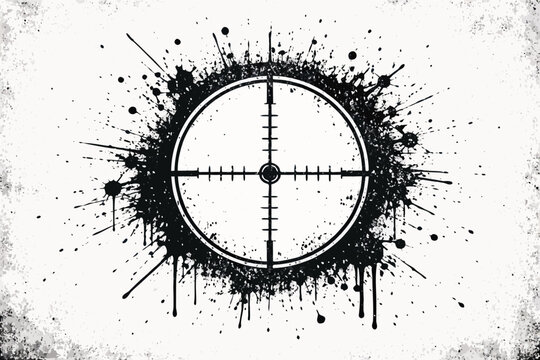 Grungy Rifle Scope Sight Target with Black Paint Splatters and Drips on White Textured Background. Vintage Sniper Crosshair Reticle Vector Illustration for Military, Hunting, and Tactical Art.