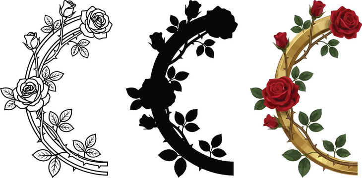 Elegant rose vine border elements including line art silhouette and realistic color illustration for design