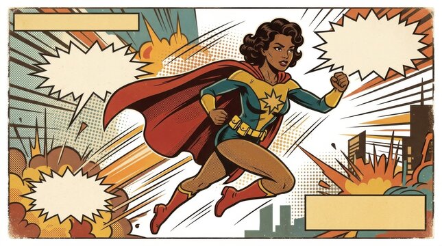 Retro Comic Book Female Superhero Flying Action Scene