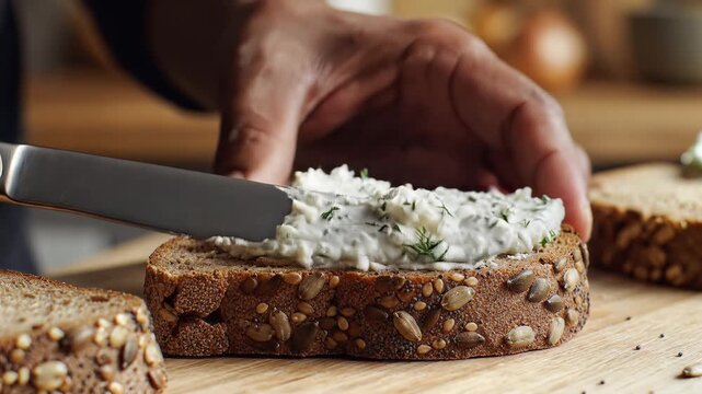 Hand spreading creamy dill and herb spread on seeded dark bread with knife