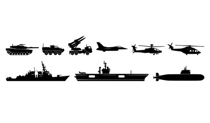 Professional Military Transport Vector Collection with Army Aviation and Naval Silhouette Icons © Sifat
