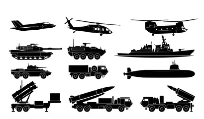 Modern Military Vehicle and Aviation Silhouette Collection with Defense Vector Icons © Sifat