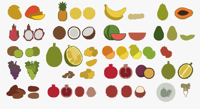 Exotic fruits flat icon set with vegetarian tropical food vector illustrations