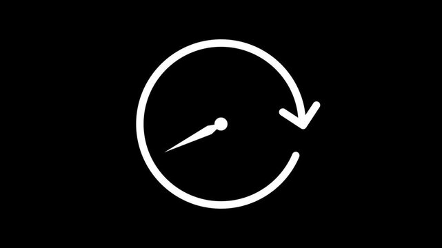 Clock icon animation with clockwise arrow on black background. outline clock with rotating arrow indicating time progress animation