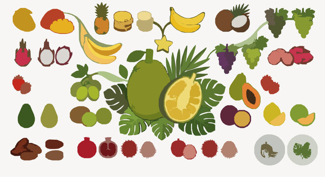 Creative exotic fruit flat vector icon set with vegetarian food illustrations