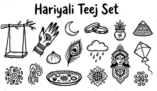 Hariyali Teej Festival Set. Traditional Indian Culture and Hindu Celebration Elements in Black  White Line Art Style. Doodle Icons, Monsoon Symbols.