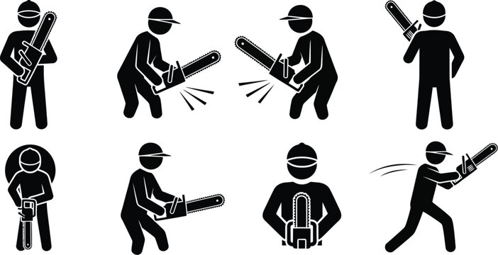 Lumberjack with chainsaw icon set showing various working poses and actions in a simple black vector style