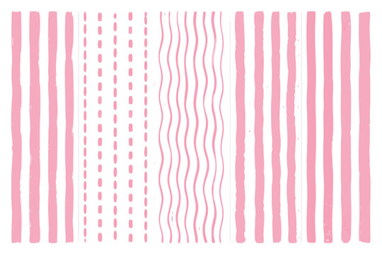 Set of Abstract Modern Seamless Patterns with Vertical Pink Brush-Drawn Stripes, Wavy Lines, and Dashed Borders. Hand-Drawn Watercolor Texture Backgrounds for Fabric, Wallpaper, and Graphic Design.