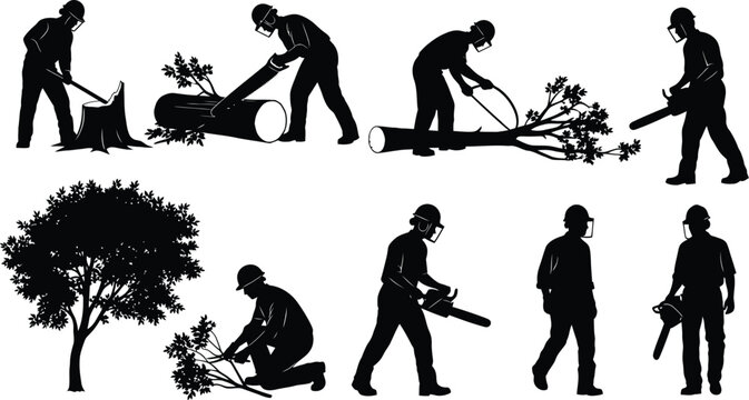 Lumberjack and arborist silhouettes set with chainsaws and hand saws working on trees and logs vector illustration