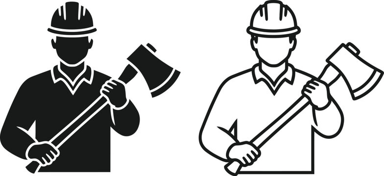 Lumberjack icon set with axe and hard hat in solid black and outline vector illustration style